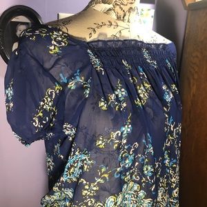 Blue floral sheer off the shoulder blouse